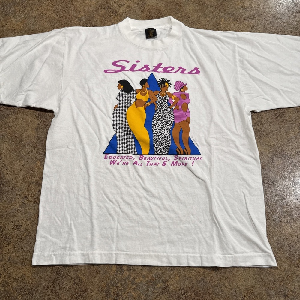Vintage 90s Sisters Black Power Feminist Graphic T-Shirt Single Stitch Sz L